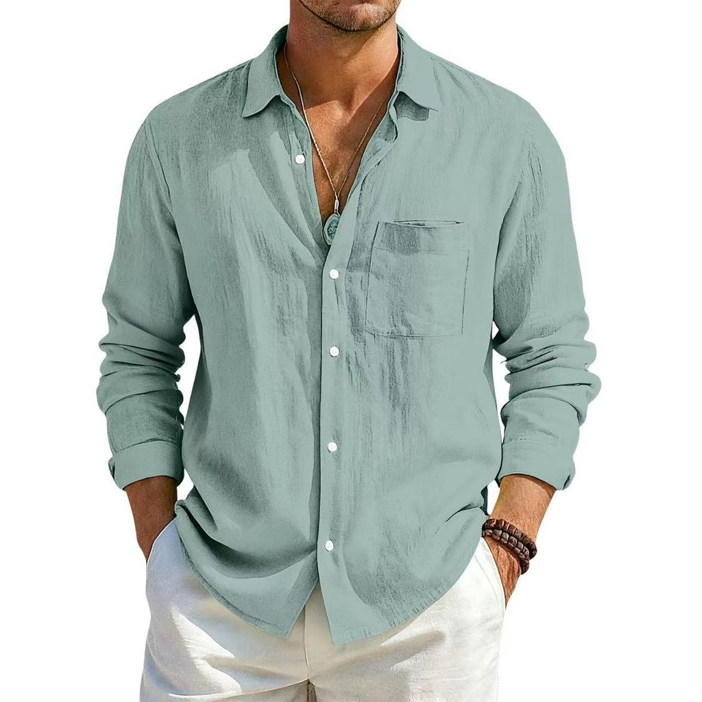 Camicia Estiva da Uomo a Maniche Lunghe Tinta Unita Larga in Cotone e Lino con Tasche Estiva Traspirante Moda Casual Camicie per Uomo