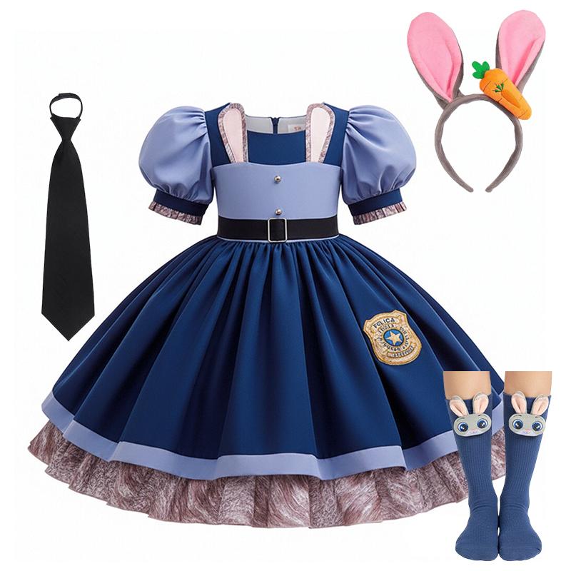 Girl Cosplay Judy Hopps Police Officer Dress Zootopia Bunny Costume Kids Dress Up Halloween Rabbit Dress Outfits