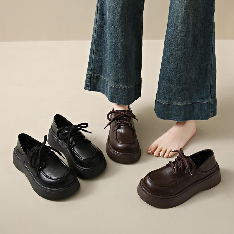 Retro British Style Lace-up Single Shoes Loafers 2025 Black Platform Small Leather Shoes Women's Muffin Versatile Spring New Models