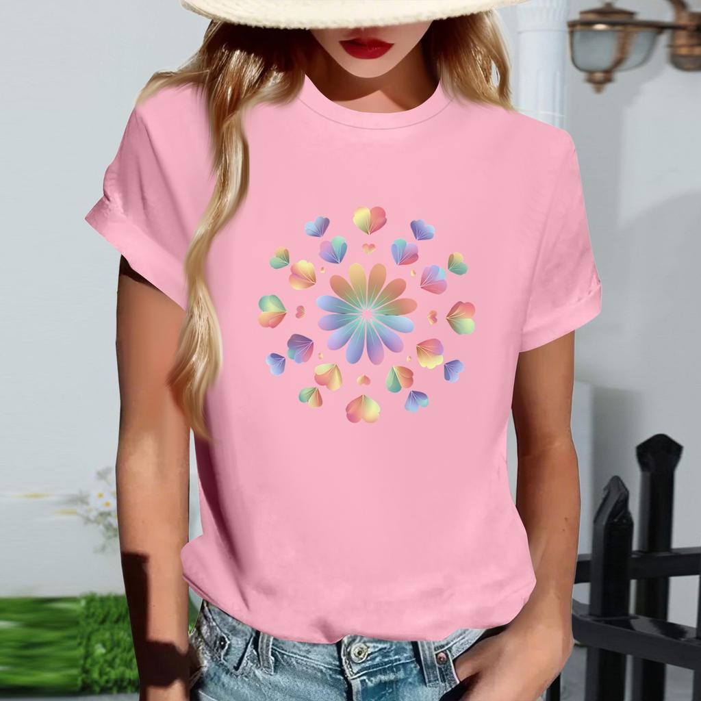 Women's Fashionable Round Neck Casual Retro Print Short Sleeved T-shirt Top