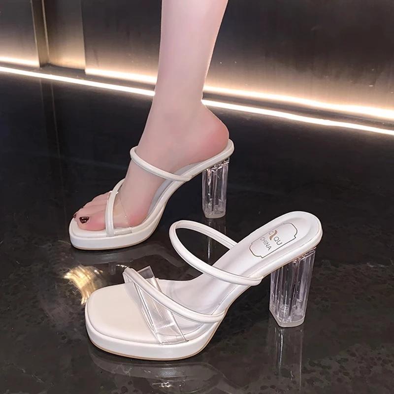 Transparent Slippers Summer Women's Shoes Square Heel Heeled Mules Luxury Slides Pantofle Jelly Flip Flops Block High Designer 2
