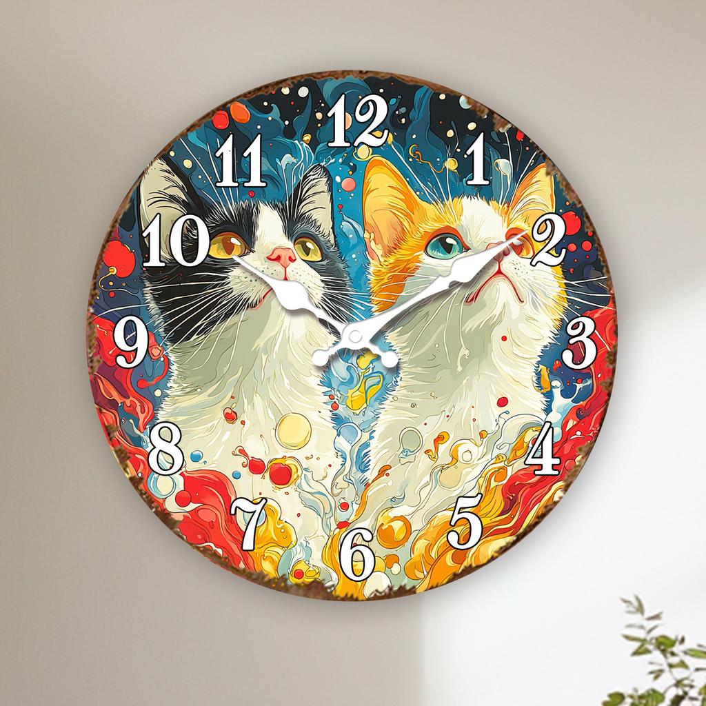 Vibrant Cats Art Wall Clock, Decorative Silent Quartz Clock for Home Office, Colorful Feline Design Timepiece, Unique Animal Lov