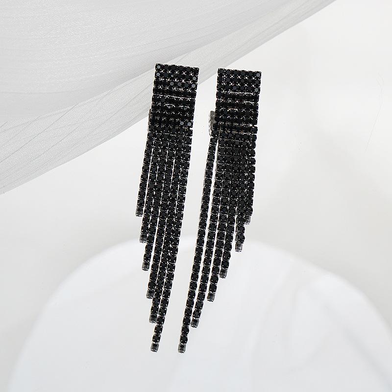 Elegant Black Long Tassel Rhinestone Earrings with Inlaid Diamonds