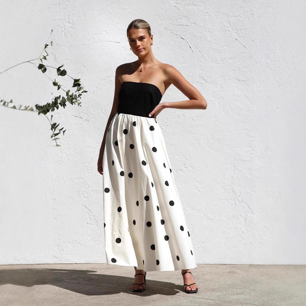 Damen Farbblock-Tube-Top-Midikleid, Trägerloses Gepunktetes Patchwork Ausgestelltes A-Linien-Langes Kleid, Elegantes Lässiges Urlaubs-Schwing-Sonnenkleid mit Seitentaschen