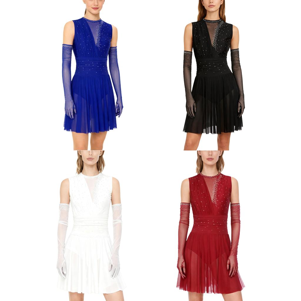 Damska sukienka do łyżwiarstwa figurowego Długie rękawiczki Bez rękawów Błyszczące cyrkonie Odkryte plecy Spódnica Trykot