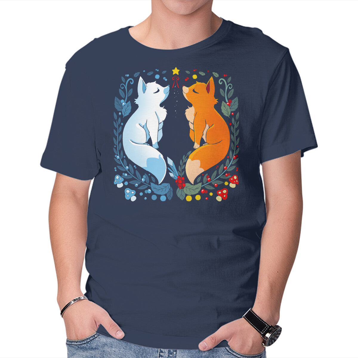 Unisex Crew Neck T-Shirt Foxes Seasons Graphic Short Sleeve Casual Tee S