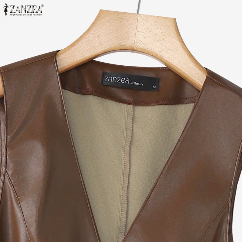 ZANZEA Women Casual V-Neck Sleeveless Faux PU Leather Cardigan Vest
