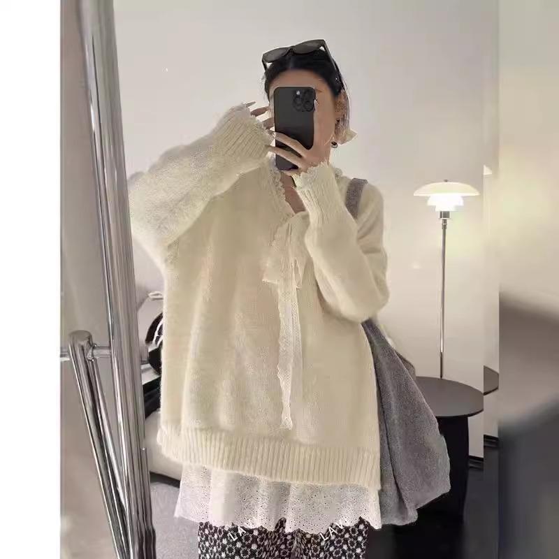 Premium sense v-neck long-sleeved knitted pullover sweater women's autumn and winter new soft waxy lace lazy wind knitted sweater