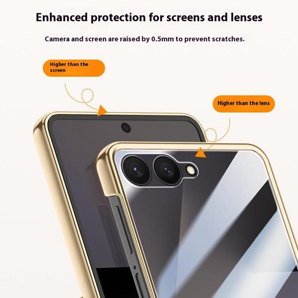 För Samsung Galaxy Z Flip7 5G Skal Gångjärnsskydd Läder+PC Elektropläterat Telefonskal med HD Bakre Liten Skärmskydd