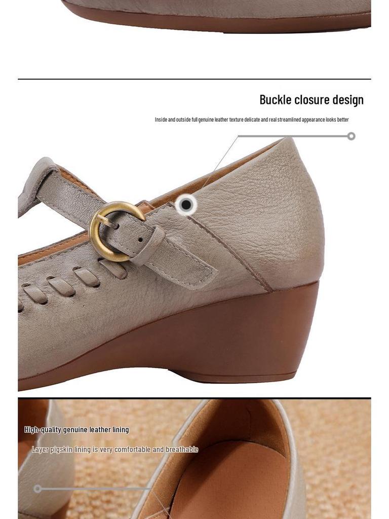 2025 Autumn Women's Genuine Leather Mary Jane T-Strap Shoes - Soft Sole, Retro French Style, Chunky Heel