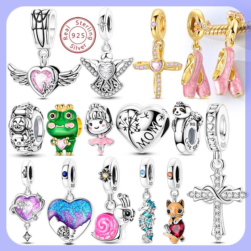 New 925 Silver Charms Beads Pendant Golden Cross Bow Ballet Shoes Angel Charm Fit Original Bracelet Women Jewelry Gift