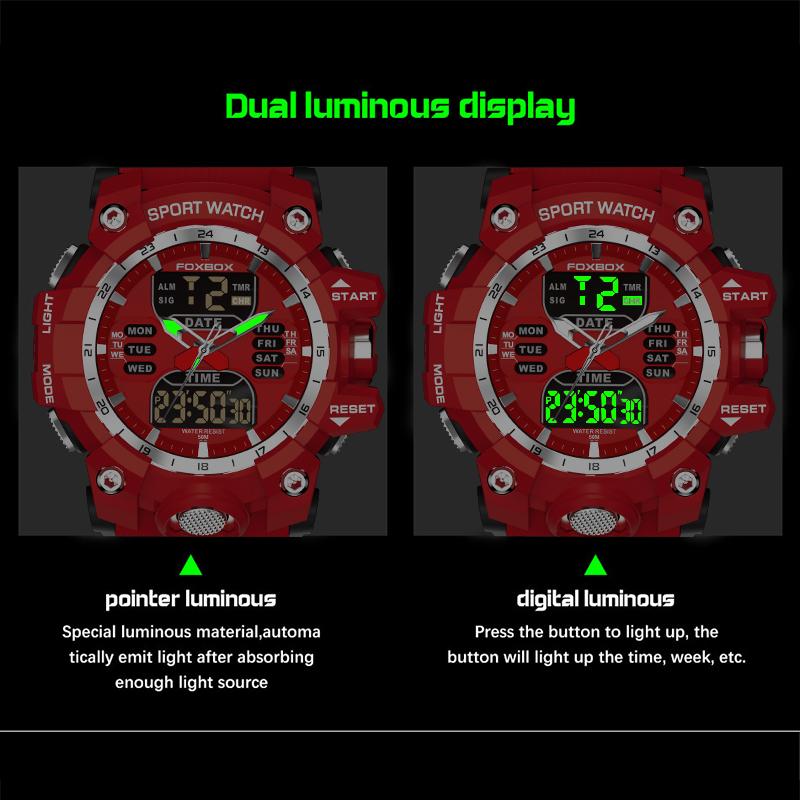 Dual Display Watch Men FOXBOX Top Brand Luxury Sport Digital Military Mens Watches Silicone Strap Chronograph Man Wristwatch+box