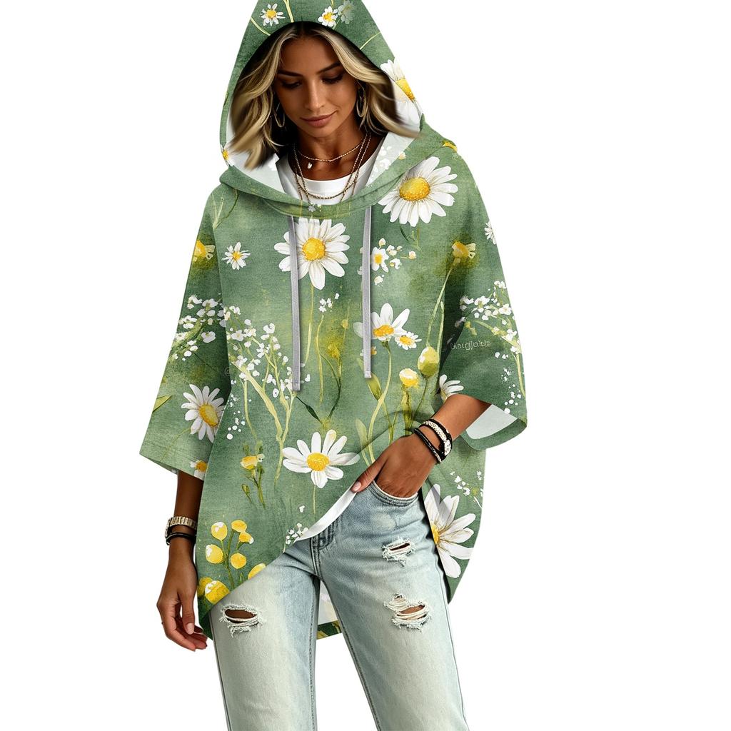 Women's Vintage Floral Print Hooded Pullover Top with Three-Quarter Sleeves for Casual Everyday Wear