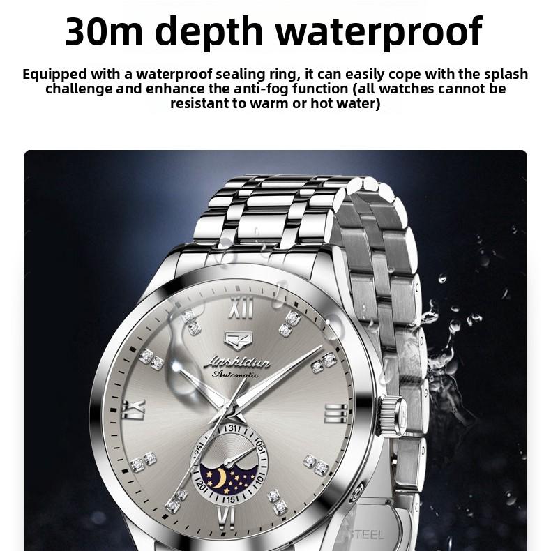 JINSHIDUN Fully Automatic Mechanical Watch Moon Phase Three-hand Men's Wristwatch