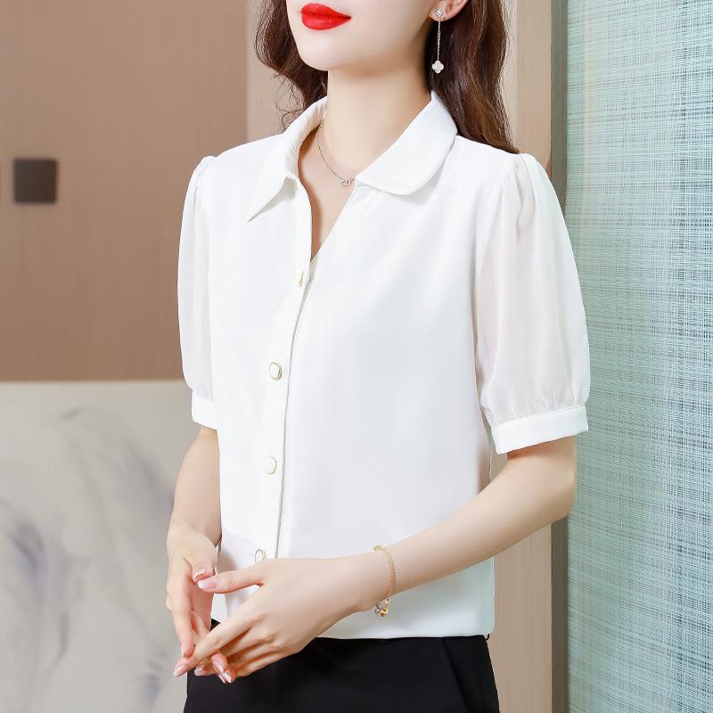 

Женский шифоновый топ с коротким рукавом - Универсальная черная профессиональная летняя рубашка XL белый