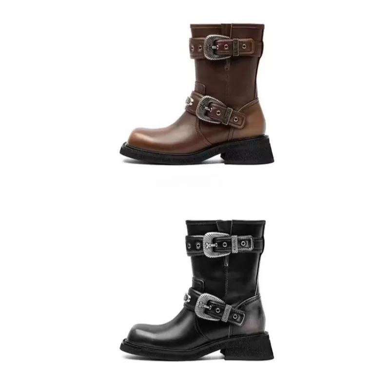 Fashion New Belt Buckle Height Increasing Knight Mid-calf Boots Autumn Winter Women Retro British Style Thick Soled Short Boots Size 43