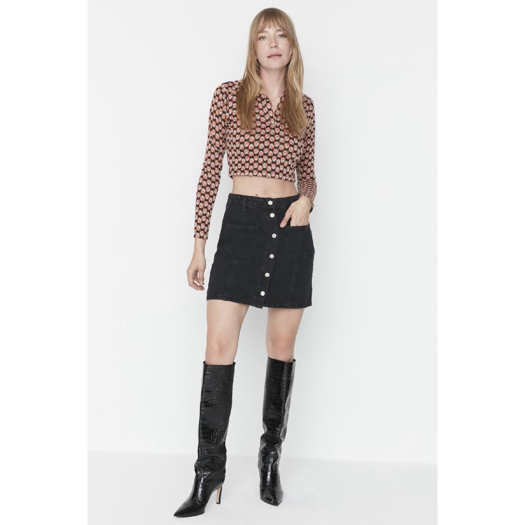 Fusta albastră cu talie înaltă cu cusături cu nasturi în față Twoss22et00050