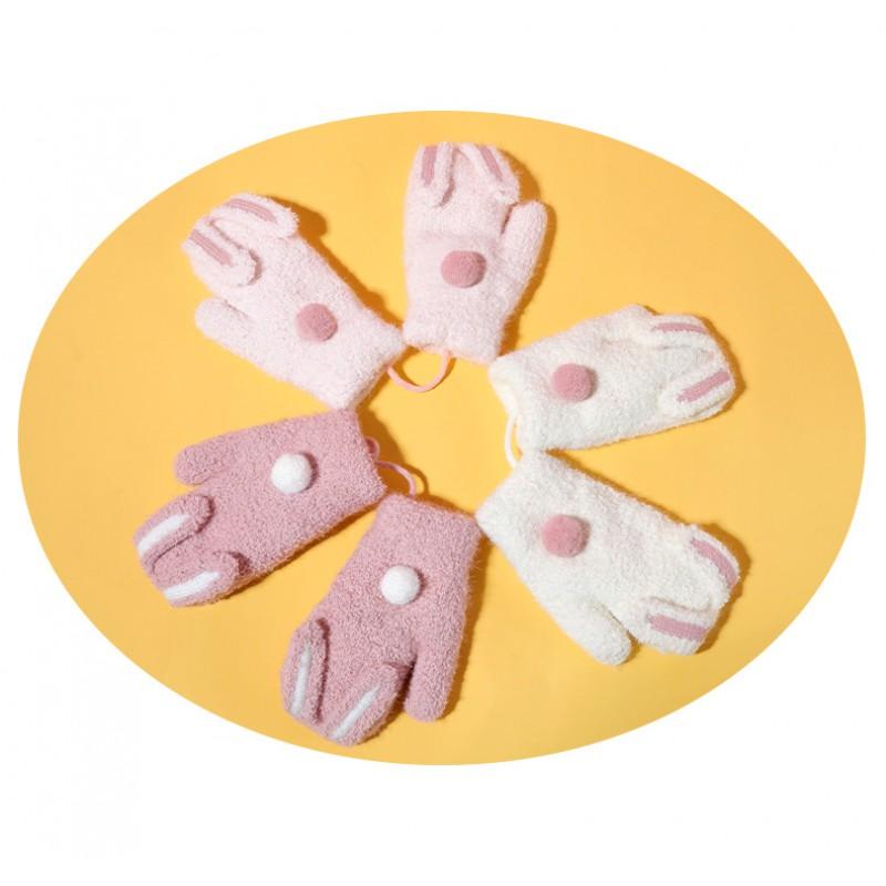 Kids Winter Warm Fleece Lined Knit Gloves With Rabbit Design Girls Age 2-5 Windproof Full Finger Mittens Wrist Strap
