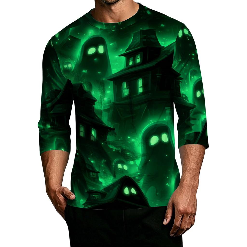 Men's Casual Halloween Printed Crew Neck T-Shirt Three Quarter Sleeve Top Lightweight Comfortable Fit for Everyday Wear