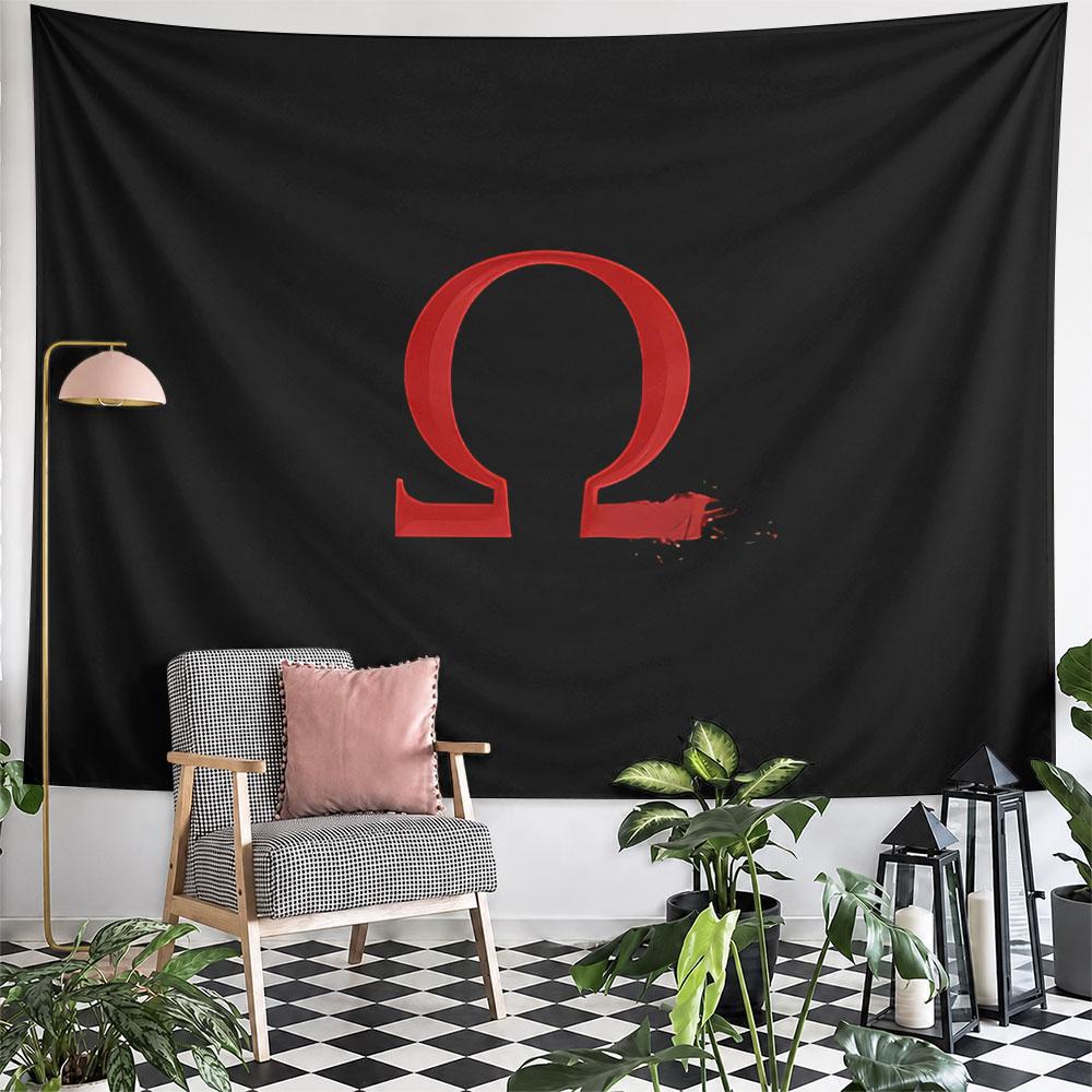 A Red Omega Symbol with Distressed Effects On a Black Background. Patterned Tapestry for Bedroom and Living Room Home Decor