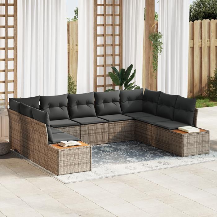 VidaXL Ensemble de canapé de jardin 9 pièces avec coussins gris en rotin 3348165