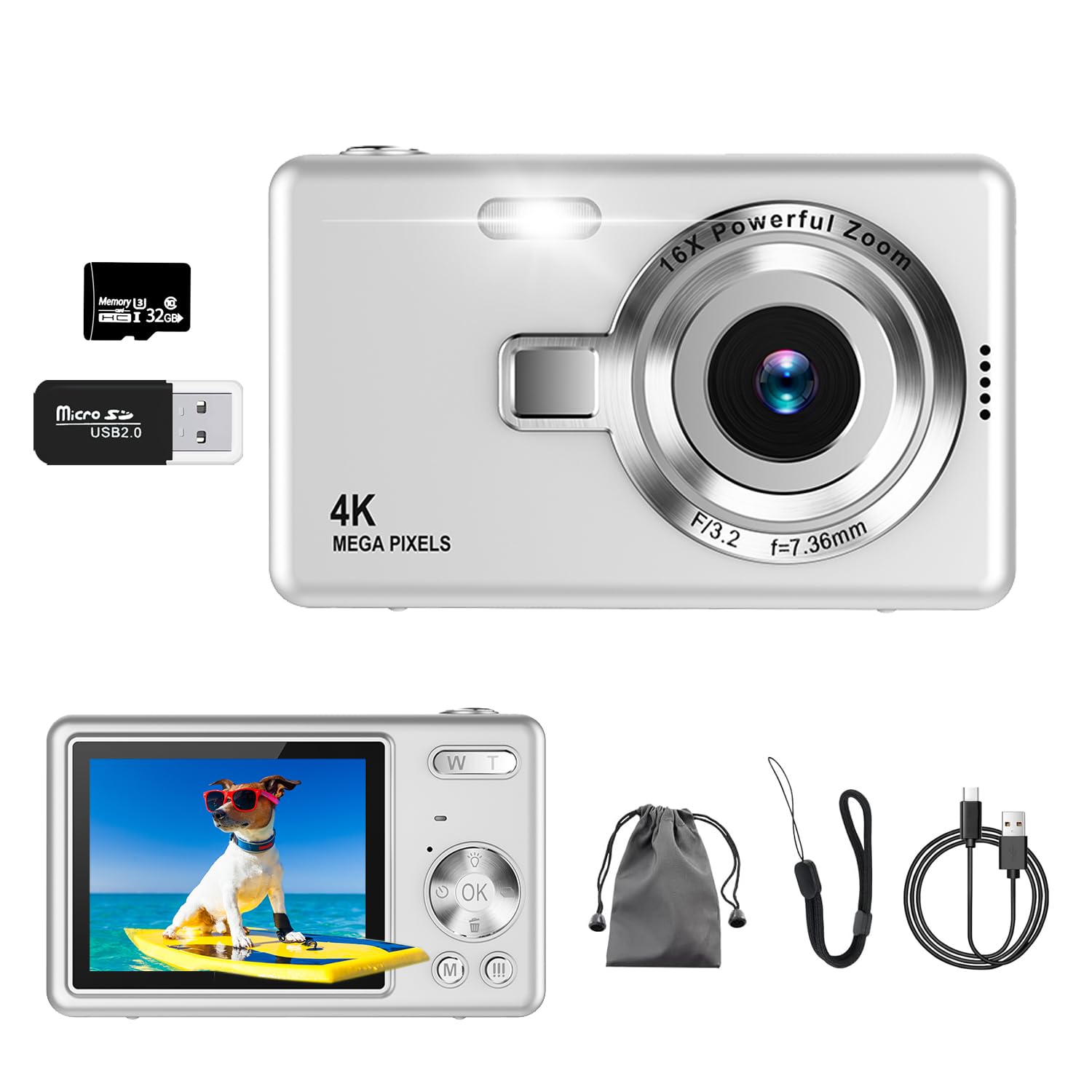 

Цифрова камера Acbaeta [Запис відео 4K, 50 мегапікселів] з карткою Micro SD 32 ГБ, Автофокус AF, Компактна камера, Великий 2,7-дюймовий екран, 16-кратний зум,