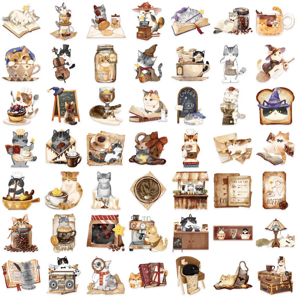 50 Transparent Cartoon Magic Cat Cafe Sticker Pack Waterproof Transparent PET Manual Material Decorative Guitar Notebook