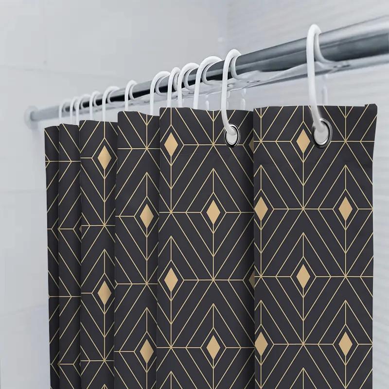 Art Deco Shower Curtain 3D Black Gold Diamonds Pattern Bathroom Decor Waterproof Fabric Shower Panel Set For Kids Bathrooms (128