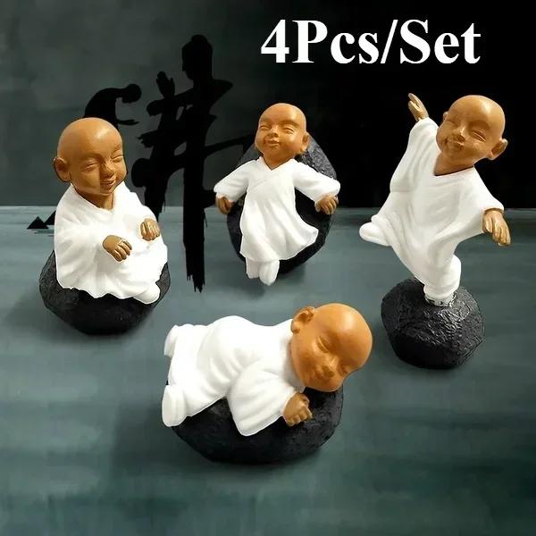 4Pcs Chinese Buddhist Monks Miniature Bonsai Garden Furniture Resin Craft Figurine Fairy Garden Decoration Desktop Decor