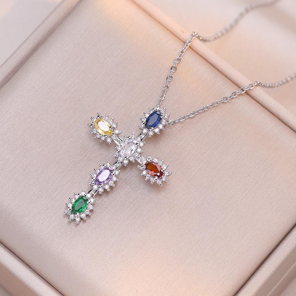 Colored Zircon Cross Necklaces for Women 2024 New Fashion Stainless Steel Chain Zircon Jewelry Party Accessories