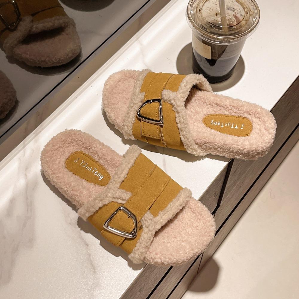 Fashion Autumn Winter Big Size Casual Cotton Slippers for Women Fashion Casual Korean Solid Color Buckle Fluffy Slipper Shoes Ladies