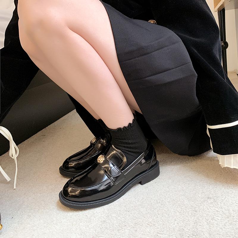 Autumn New Leather Camellia Gold Buckle Round Head One Pedal Thick Heel Loafers Women's Style Small Leather Shoes Single Shoes