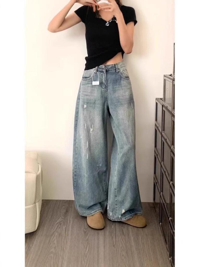 Women's 2025 High-Waisted Distressed Wide-Leg Jeans - Summer Edition
