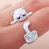 Cute Lovely Animal Cat Open Ring Silver Plated Jewelry Blue Crystal Eyes