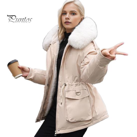 Winter Women Cotton Jacket Furry Hood Thickened Plush Long Sleeves Elastic Waist Pockets Zipper Closure Coat Mid Length Windproof Warm Down Coat