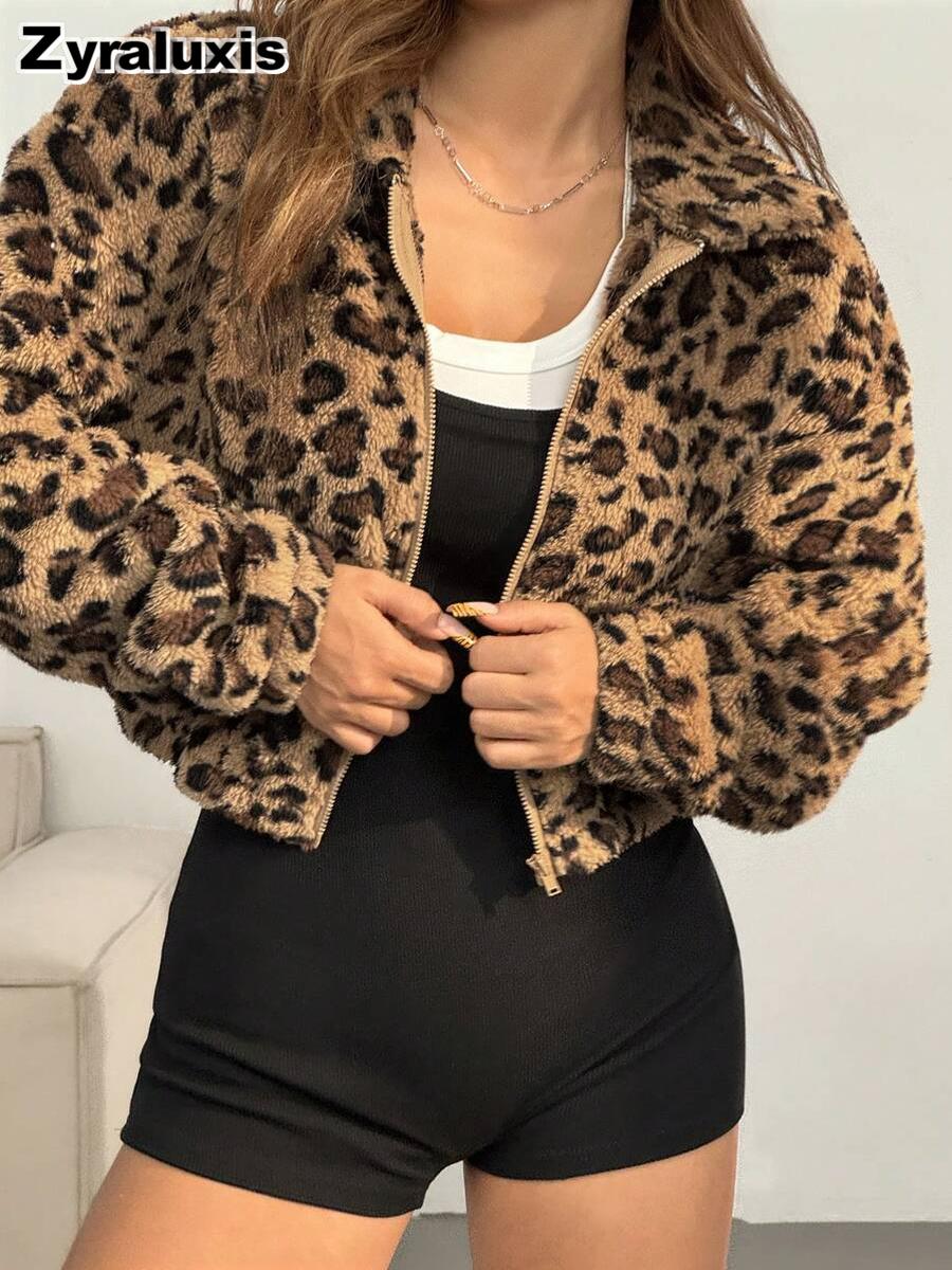 Trendige Leo-Print Kunstlederjacke mit Kapuze Damen Herbst Winter Mantel S kaffeebraun