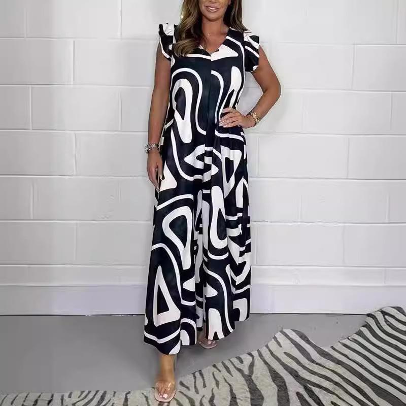 GMXIA Summer Women's Lace-up Lotus Sleeve Wide Leg Trousers Printed Casual Jumpsuit Women