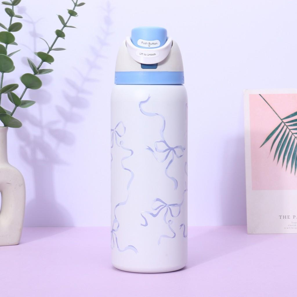Ribbon Bow Pattern Print Water Bottle Thermos Cup For Sports Travel School Gift