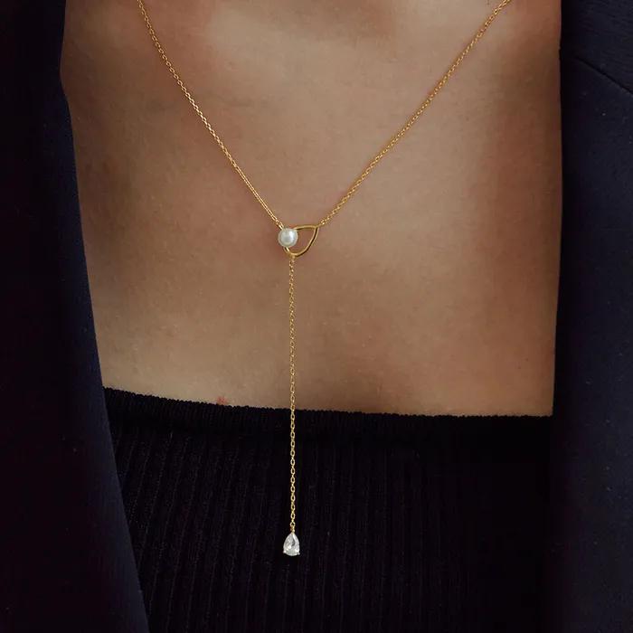 Pearl Cubic Long Drop Necklace (Silver 925) SHNE0005