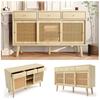 Sideboard, Chest of Drawers with 3 Drawers And 3 Sliding Doors, Rattan Wickerwork On The Door Fronts, Solid Wood Legs, Golden Metal Bow Handle,