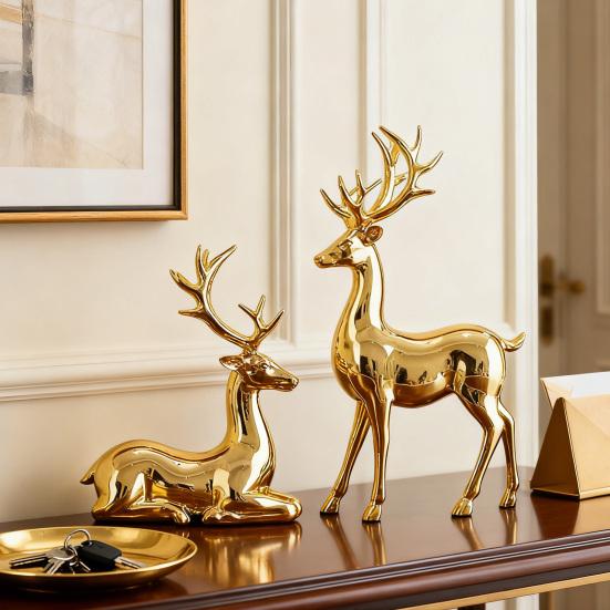Yousheng 1 Pair Christmas Electroplating Golden Reindeer Statue Standing Sitting Elk Figurine Deer Sculpture Home Office Desktop Decoration Ornament