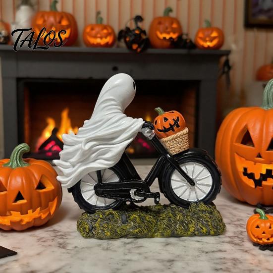 Small Ghost Figurine with Pumpkins Halloween Riding Motorcycle Figurine, Novelty Rider Resin Decor Statue Pumpkin for Indoor Home Desk Tabletop