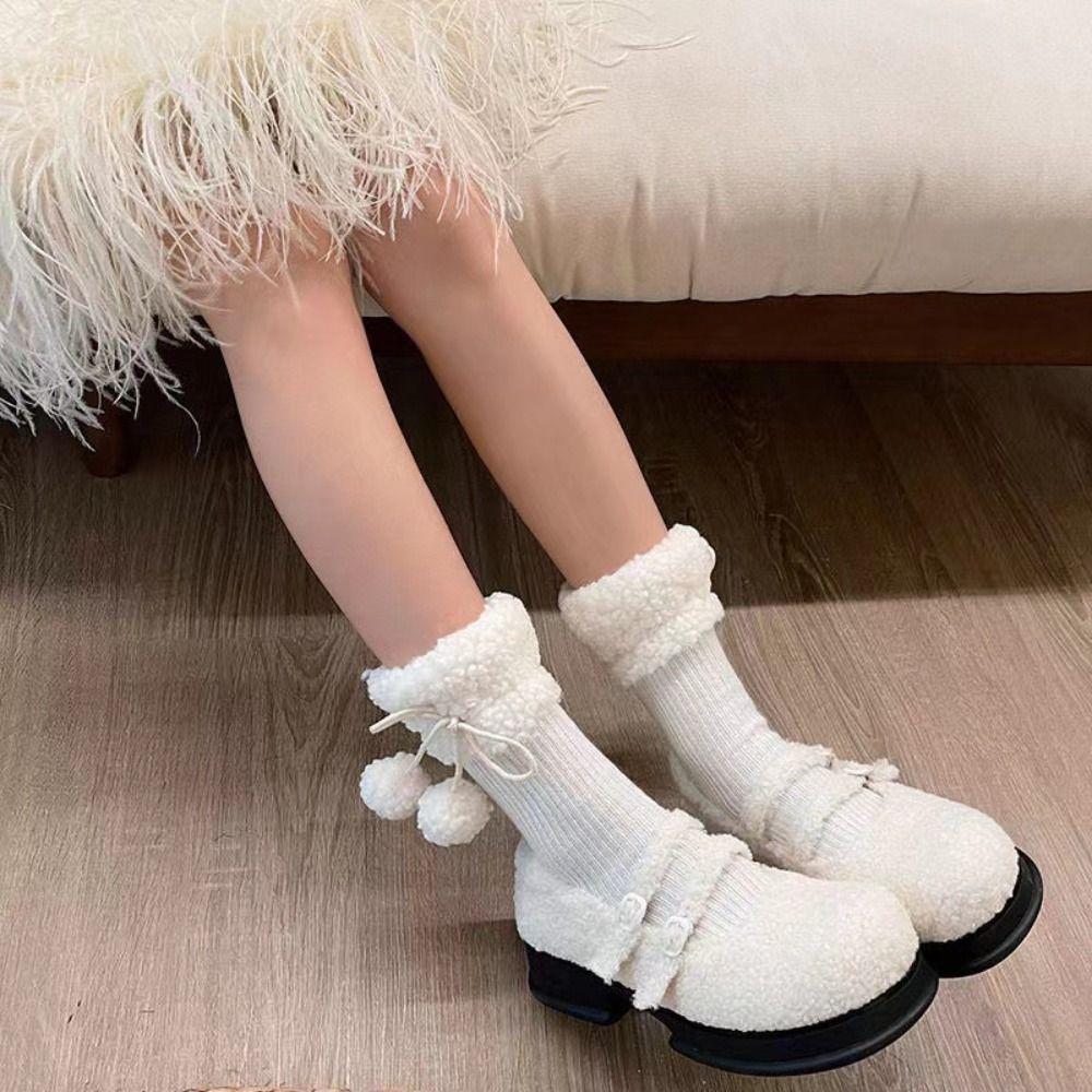 Plush Balls Woolen Lolita Socks Lace Up Mid-Calf Tube Sock Fashion Coral Fleece Socks Lady