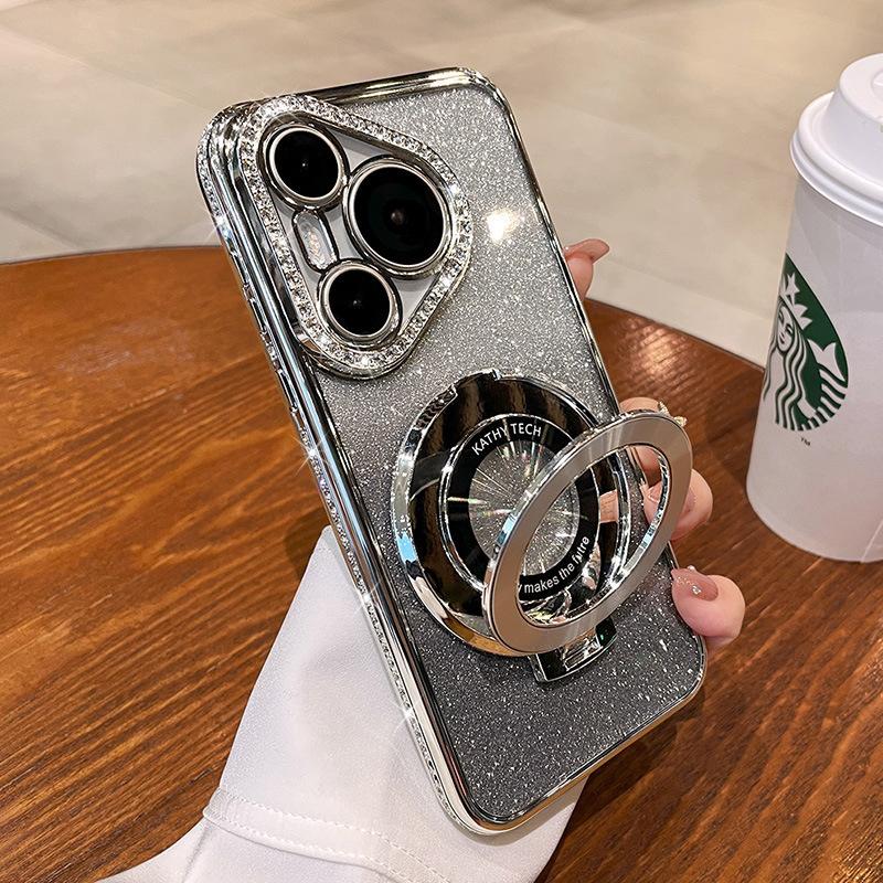 Applicable to Huawei P80pro rhinestone frame CD pattern magnetic suction bracket mobile phone case Mate80 glitter all-inclusive anti-drop cover