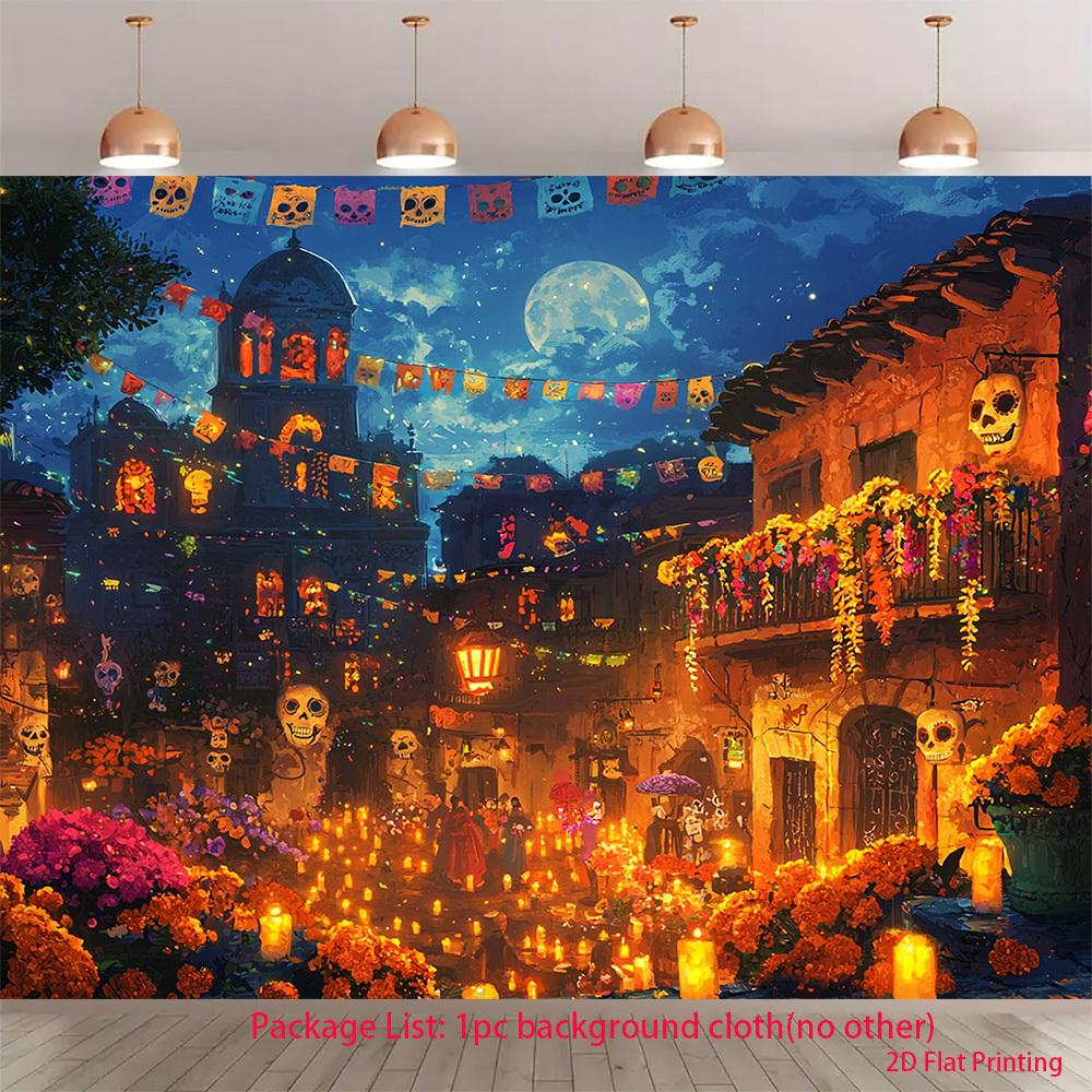 2D plane, 1 piece of Mexican folk art Day of the Dead background fabric - sugar skull and marigold wall hanging fabric - durable 130x150cm