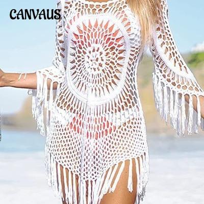 Abito da Spiaggia da Donna Vacanza Camicia da Sole Uncinetto Vuoto Lavorato a Mano Copricostume Costume da Bagno Abito Copricostume con Nappe