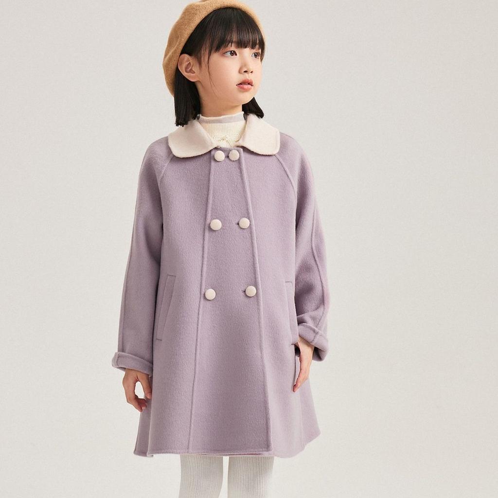 Girls' Fashionable Light Purple Woolen Coat, Sweet Cotton-padded Woolen Overcoat for Children Autumn and Winter