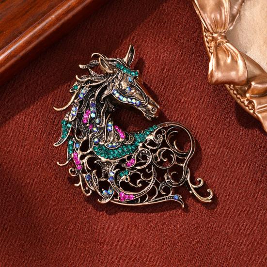 Retro Rhinestone Horse Brooch Pin Women Men Zinc Alloy Horse Head Lapel Pin Animal