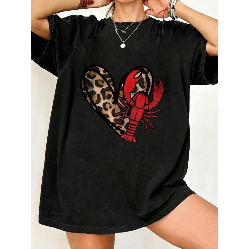 Oversized T Shirt Black Lobster Heart Leopard Print Summer Casual Wear