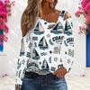 Women Plus Size White Asymmetric Cutout Neck Cold Shoulder Long Sleeve Sailboat Printed Top
